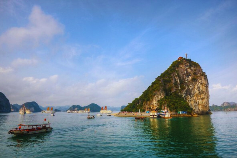 Titop Island view with Halong Bay Budget Cruises and tourists by Auasia Travel